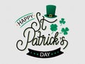 Vector hand drawn St. PatrickÃ¢â¬â¢s Day logotype. Lettering typography with leprechaunÃ¢â¬â¢s hat, shamrocks and design elements